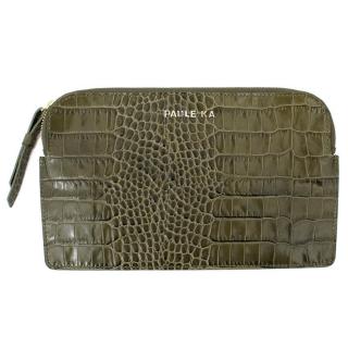 Paule Ka Green Leather Patent Croc Embossed Clutch Bag