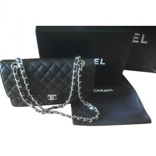 Chanel classic medium black flap bag with silver hardware