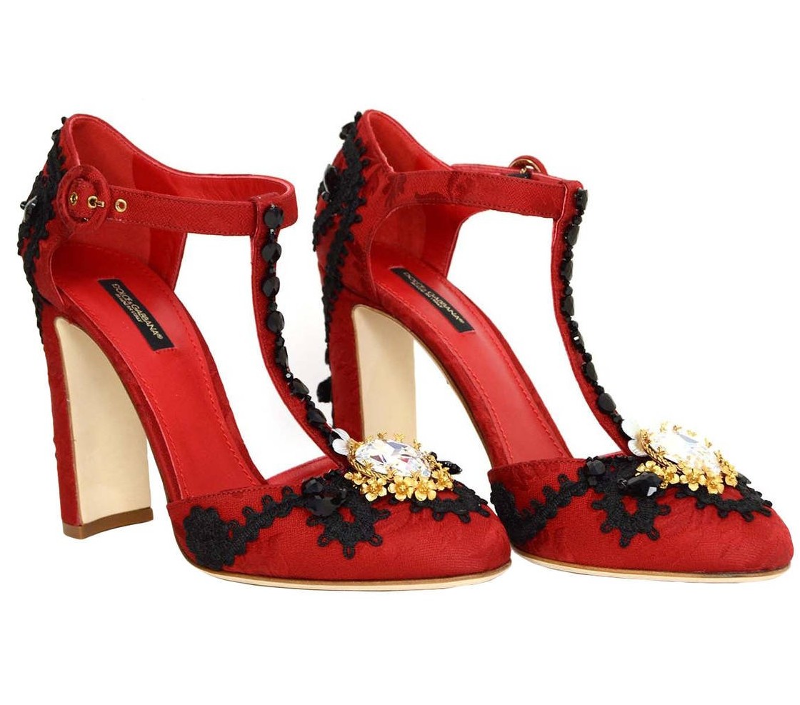Dolce And Gabbana Red Black Vally Jewelembellished Tstrap Pumps | HEWI