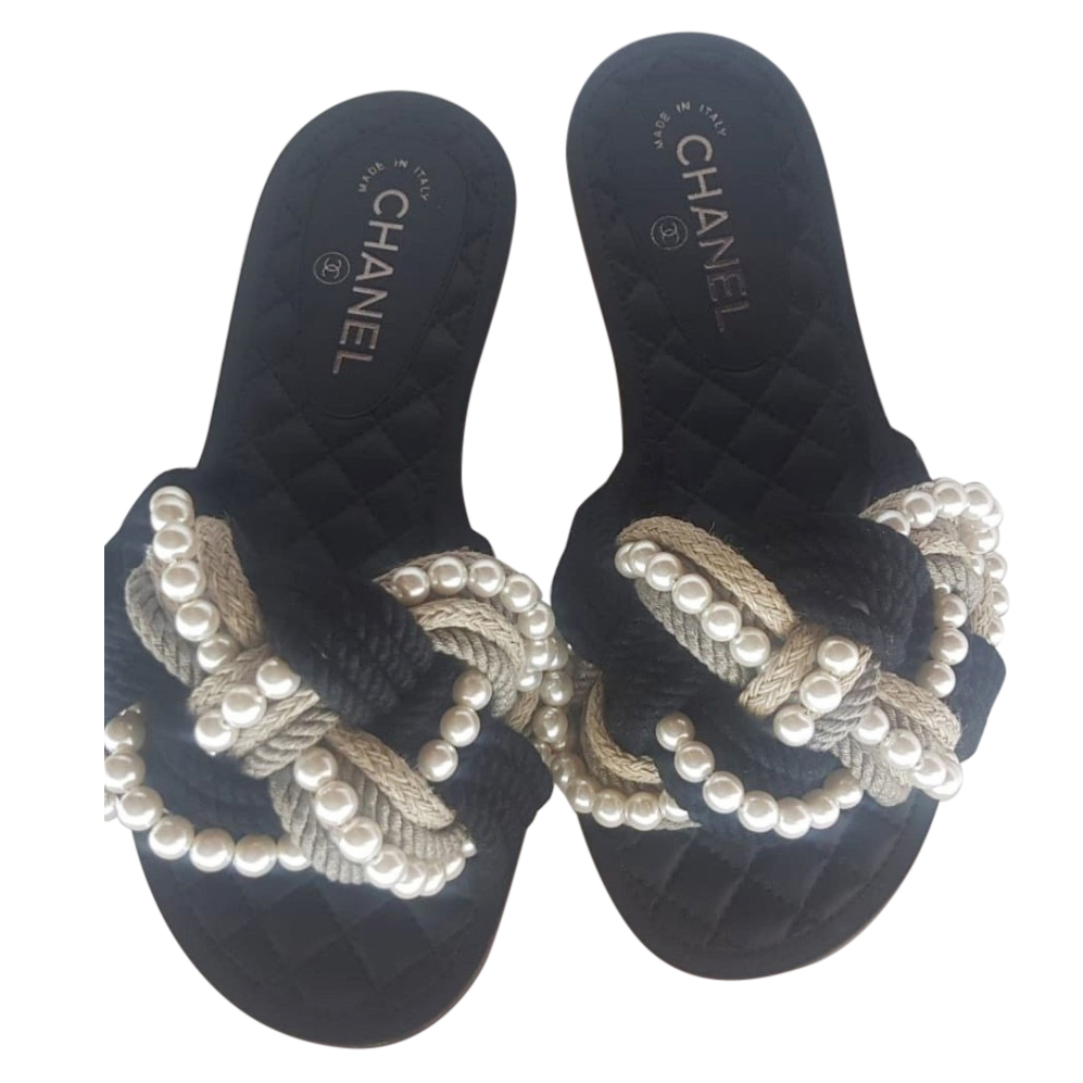 Chanel Runway Woven Rope Pearl Slides 