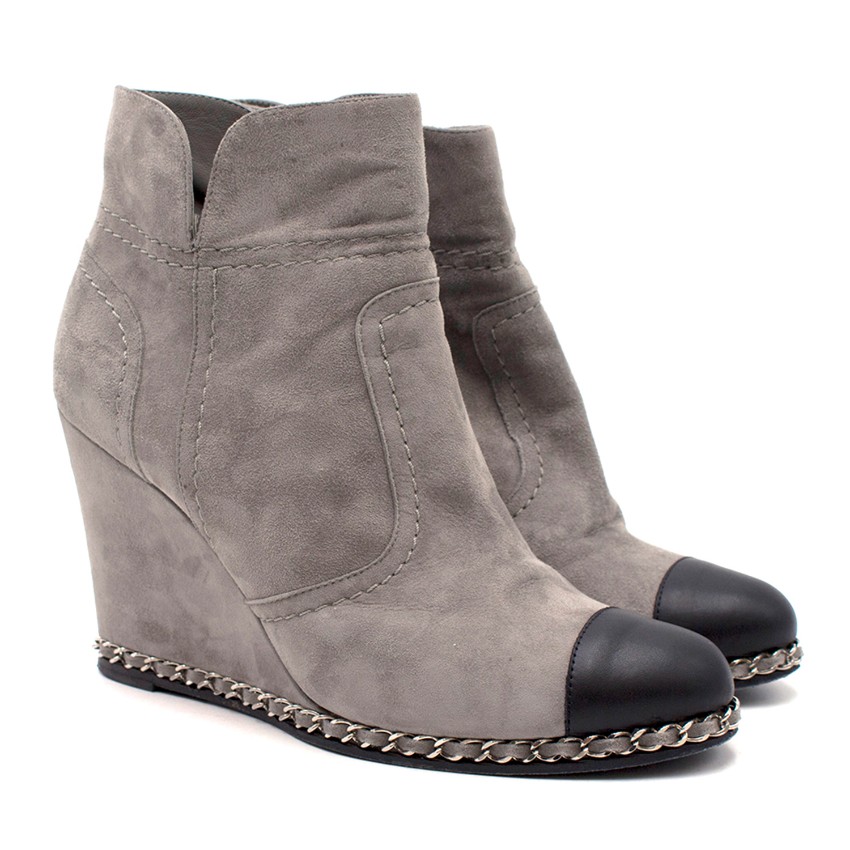 Chanel Grey Suede Wedge Ankle Boots | HEWI
