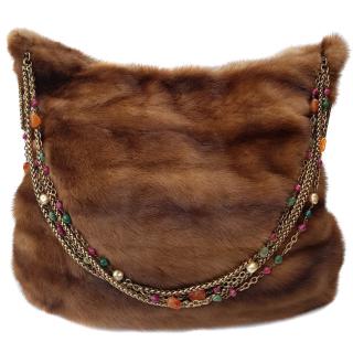 Oscar de la Renta brown mink jewelled chain hobo bag.