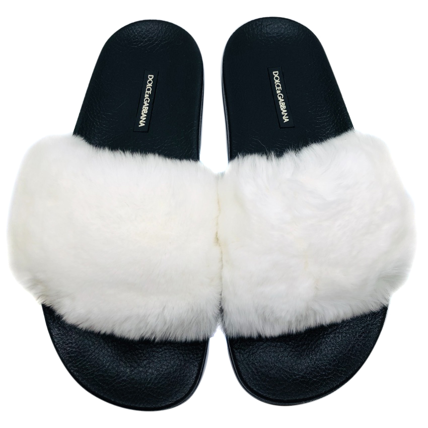 Dolce Gabbana White Rabbit Fur Slides 