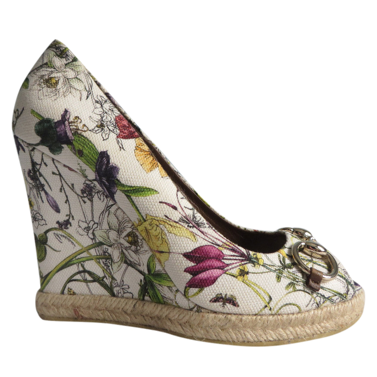 Gucci Floral Print Canvas Wedges | HEWI