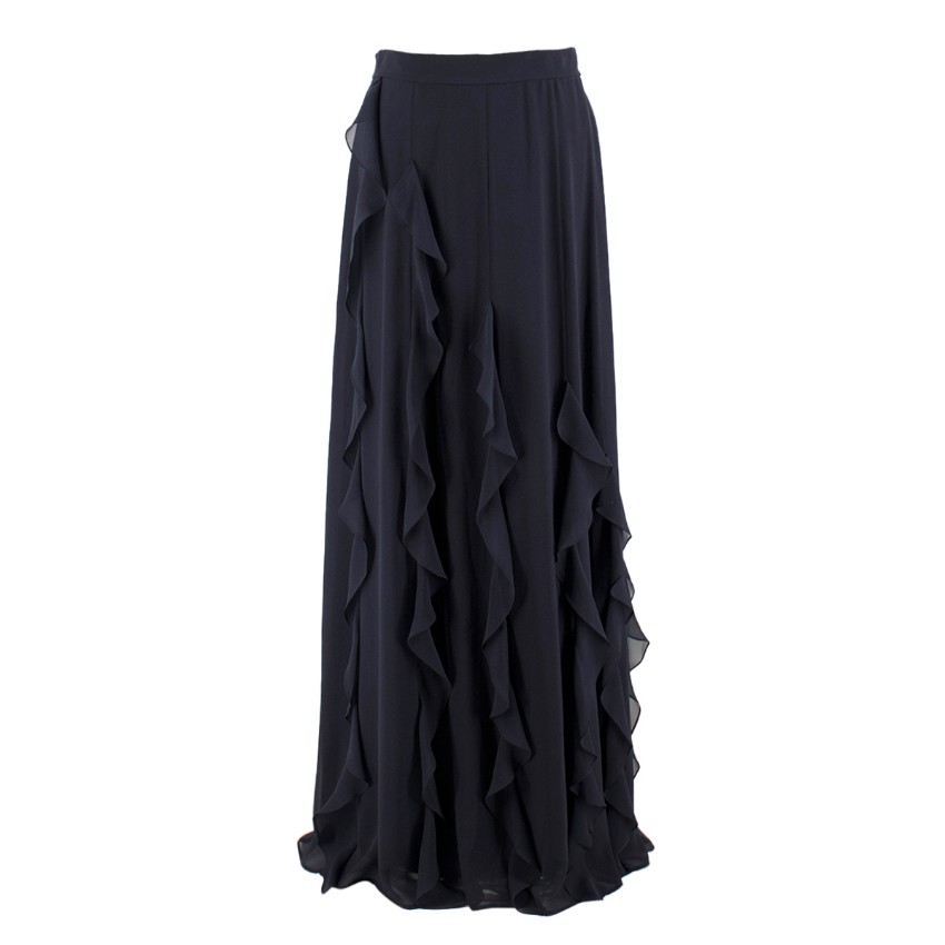 Max Mara Navy Ruffled Silk Long Skirt | HEWI