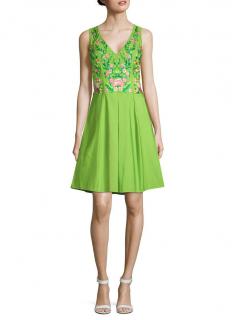 Marchesa Notte Floral-Embroidered Green A-line Dress