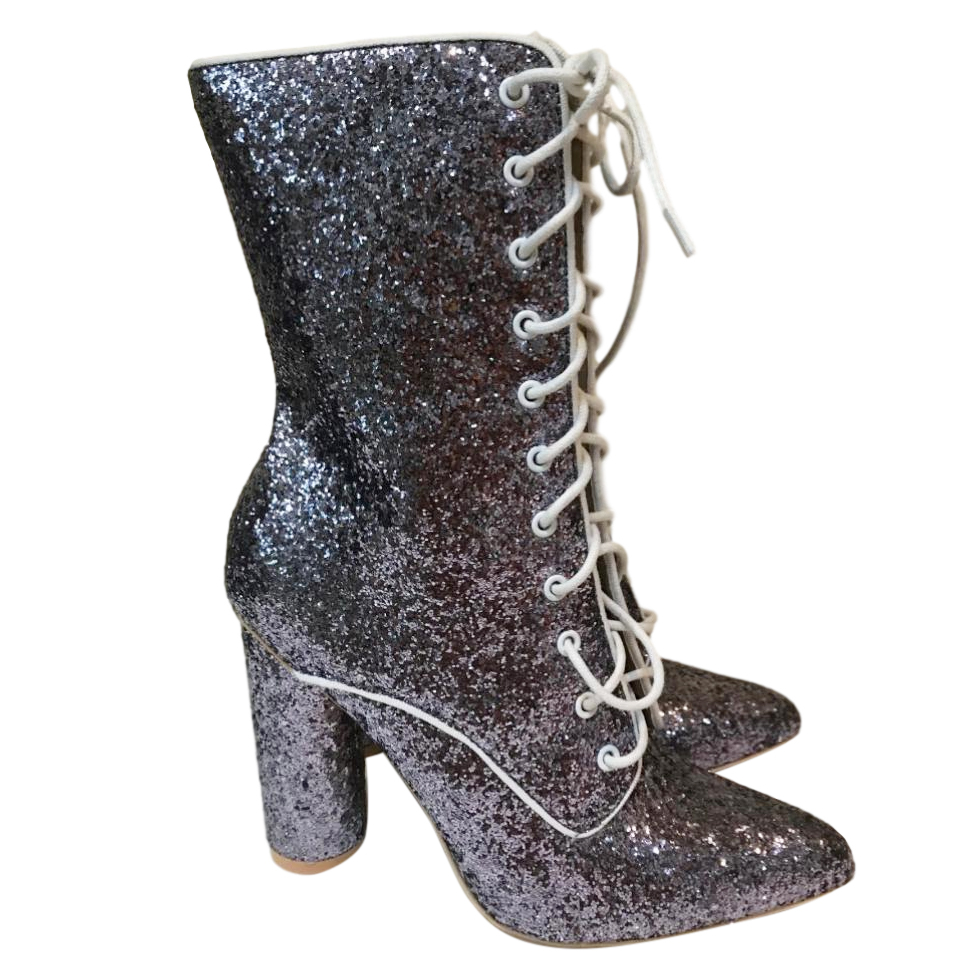 silver glitter lace up heels