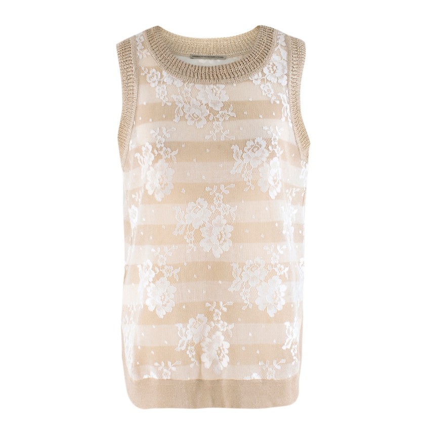 Ermanno Scervino Gold Floral Lace Striped Sleeveless Top | HEWI