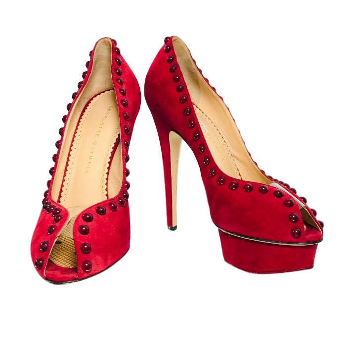 Charlotte Olympia Red Suede Studded 