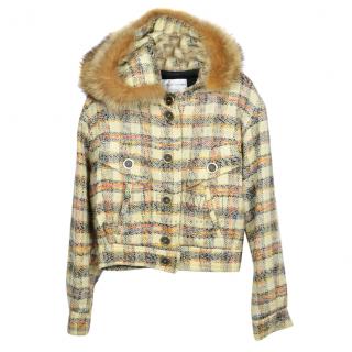 Krizia Wool Blend Fur Trim Check Jacket