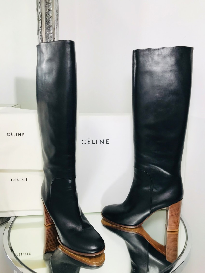 Celine Black Leather Long Heeled Boots 