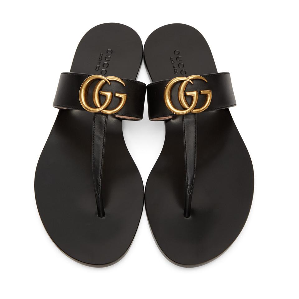 Black Double G Leather Thong Sandals 