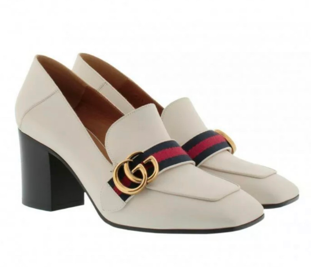 gucci leather mid heel loafer white