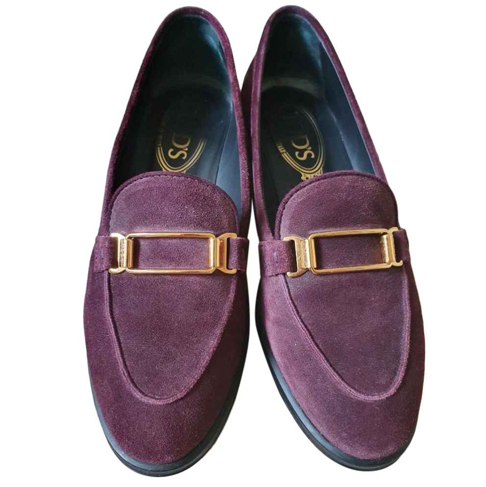 purple and gold loafers