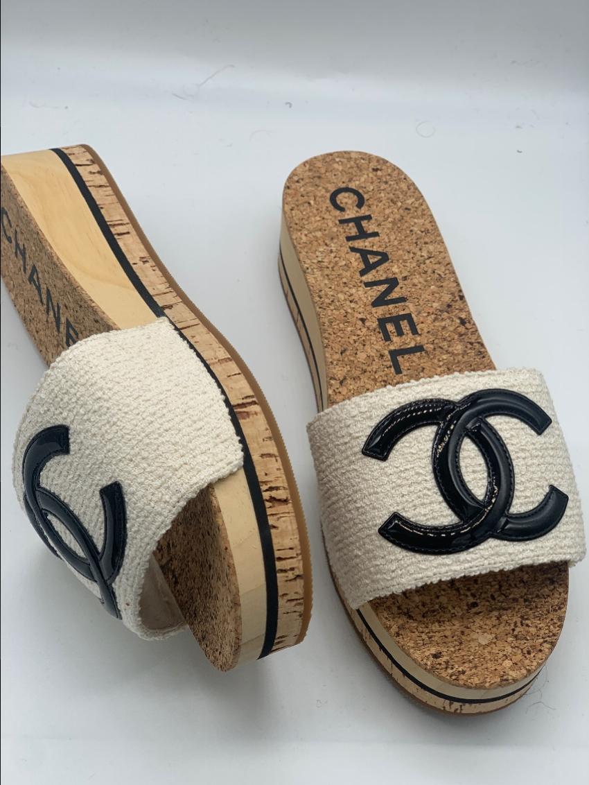 Chanel Tweed Cc Cork Slides | HEWI