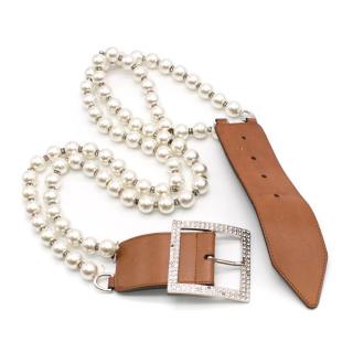 Valentino Tan Leather & Faux Pearl Crystal Buckle Belt