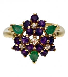 Faberge Diamond, Amyethyst & Emerald Yellow Gold Ring