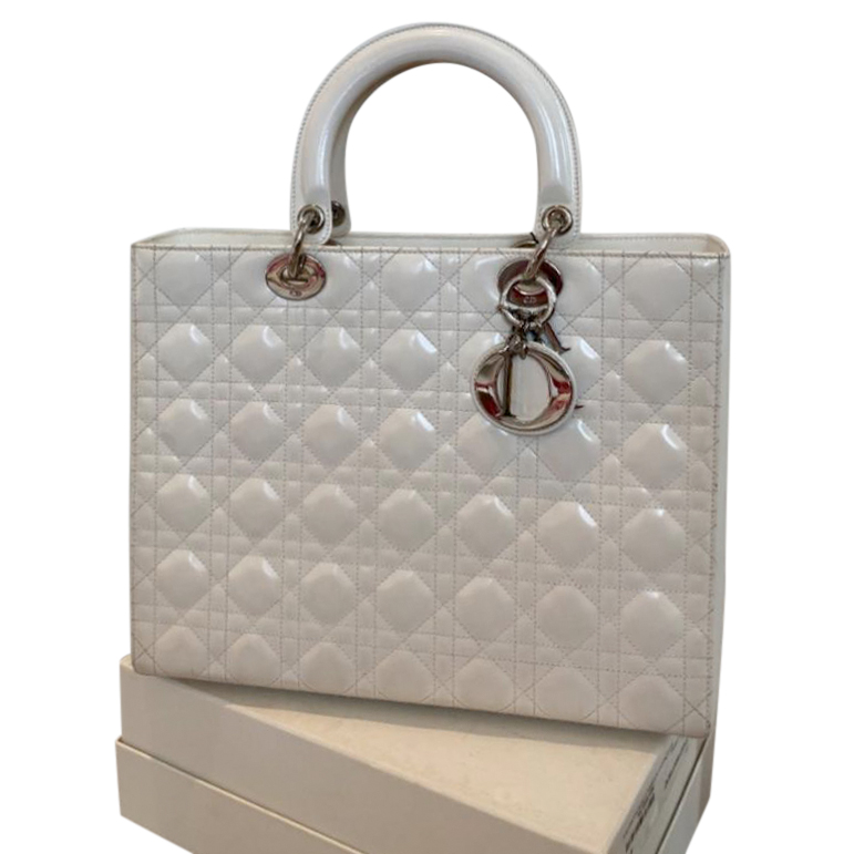 Dior White Patent Leather Lady Dior Tote Bag | HEWI