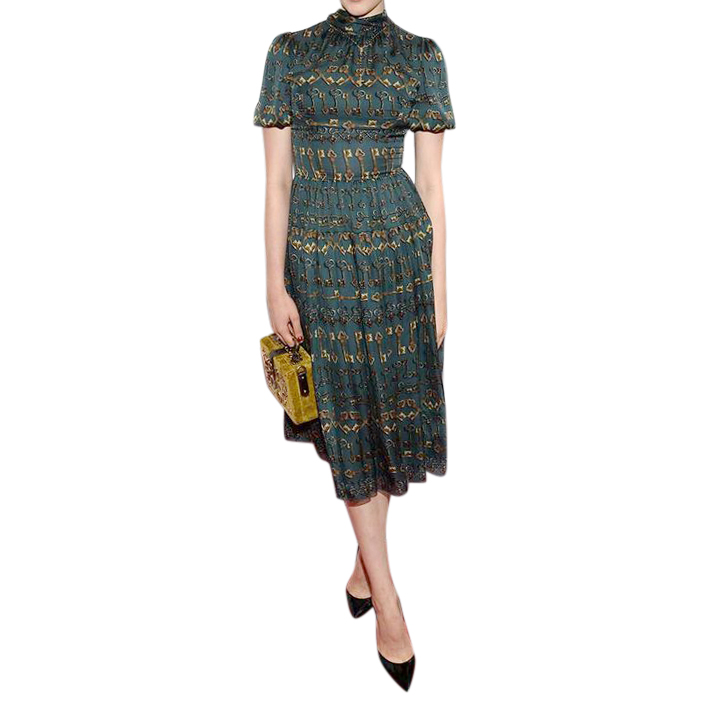 Dolce Gabbana Bottle Green Key Print Silk High Neck Dress Hewi