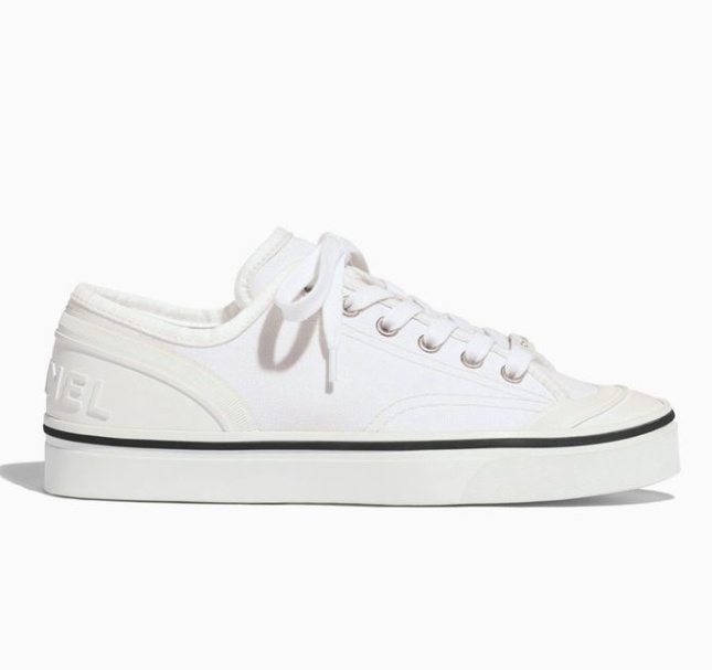 Chanel White Canvas Leather Trim Lowtop 