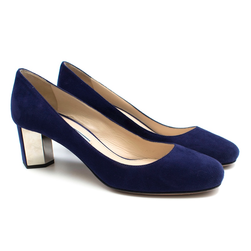 blue suede block heel pumps