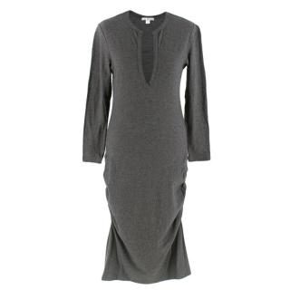 James Perse Grey V-Neck Cotton Blend Ruched Midi Dress 