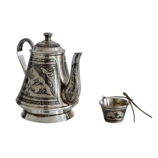 Kubachi Handmade Niello Silver Tea Pot & Strainer