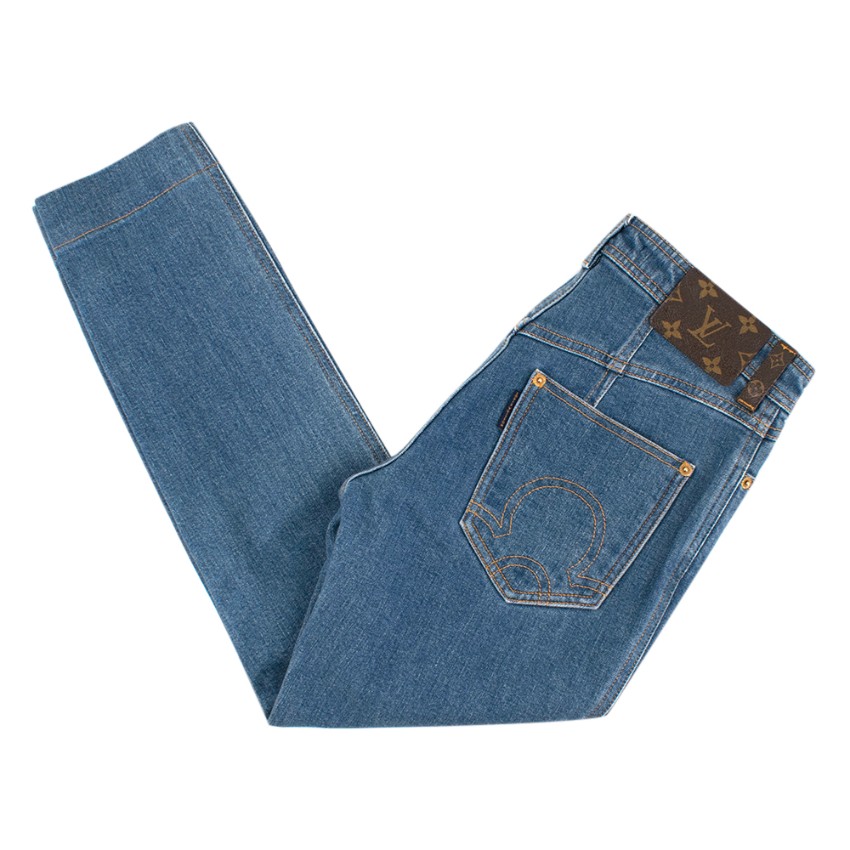 Louis Vuitton High Waist Slim Jeans With Leather Monogram Patch | HEWI