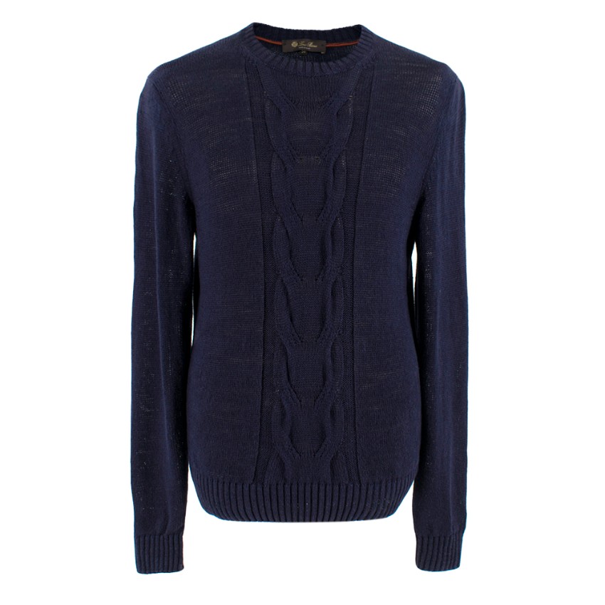 Loro Piana Navy Linen Cable Knit Jumper | HEWI