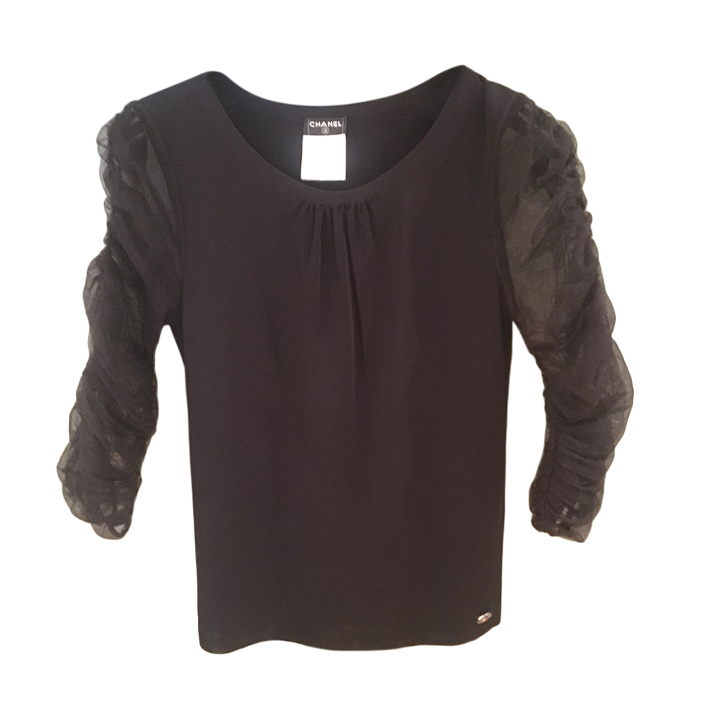 Chanel Black Fine Knit Top With Sheer Sleeves | HEWI