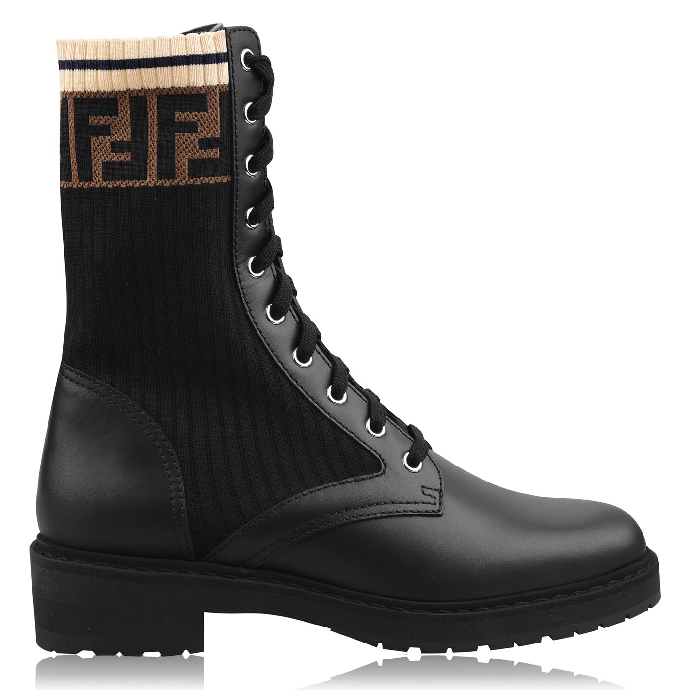 fendi rockoko leather and knit combat boots