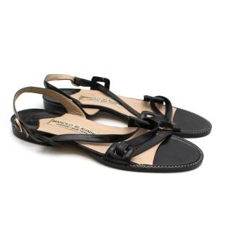 Manolo Blahnik Black Leather Slingback Flat Sandals 