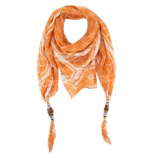Gucci Orange & White Printed Scarf with Bamboo Tassels