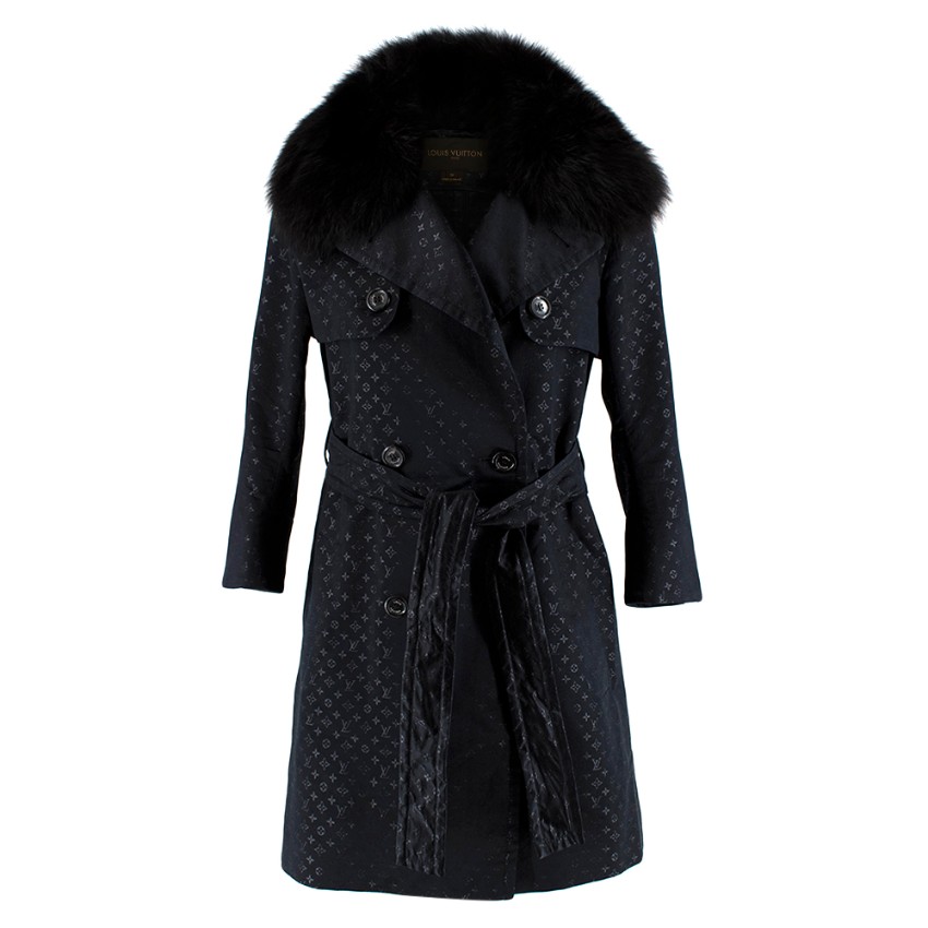 Louis Vuitton Monogram Black Trench Coat With Fox Fur Collar | HEWI