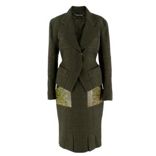 Tom Ford Green Tweed Skirt Suit with Snake Embossed Pockets