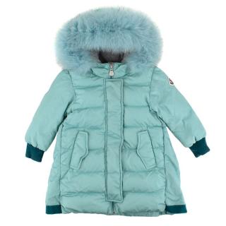 Moncler Turquoise Fur-Hooded Padded Kids Jacket 