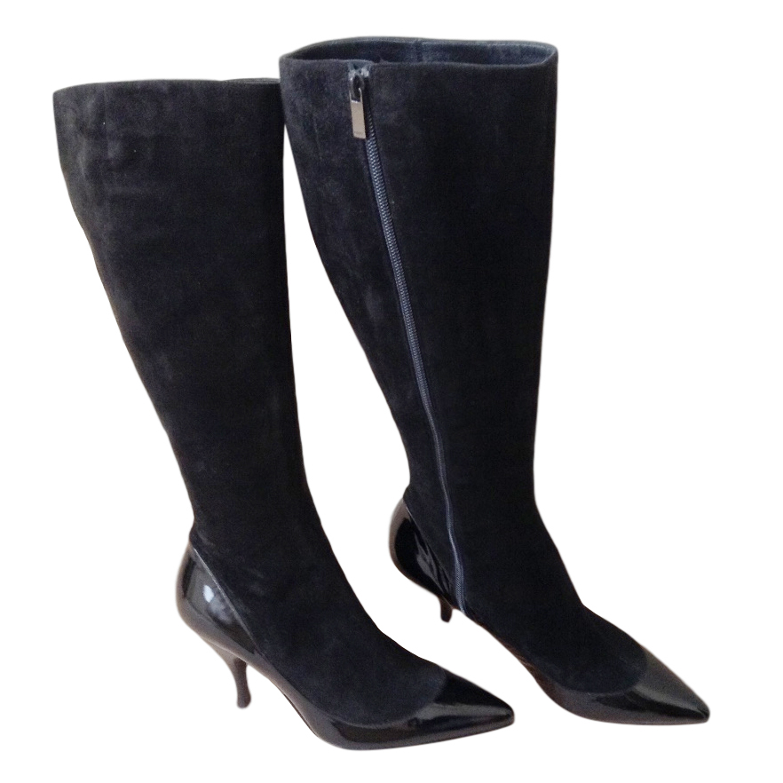 black leather kitten heel boots