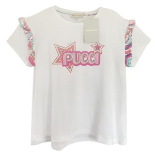 Emilio Pucci White Print Trim Glitter Logo Top