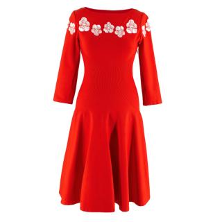 Alaia Red Stretch Knit Floral Embroidered Skater Dress