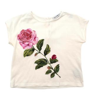 Dolce & Gabbana Kid's Rose Embroidered White Cotton T-Shirt