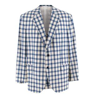 Donato Liguori White & Blue Linen & Silk Blend Single Breasted Jacket
