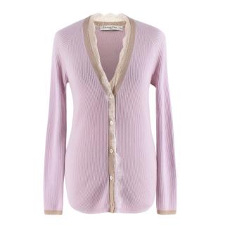 Christian Dior Pink Cashmere & Silk Knit Lace Detail Cardigan
