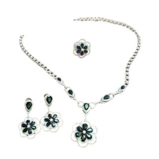 Bespoke 18ct White Gold Diamond & Sapphire Floral Jewellery Suite