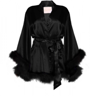 Maguy de Chadirac Black Silk Satin Marabou Feather Trim Gown