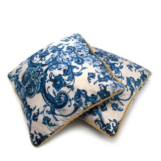 Roberto Cavalli Home Blue Silk Tile Print Set of 2 Cushions