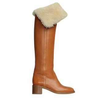 Celine Runway Tan Leather Shearling Lined Long Boots