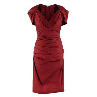 Talbot Runhof Red Ruched Capelet Cap Sleeve Dress