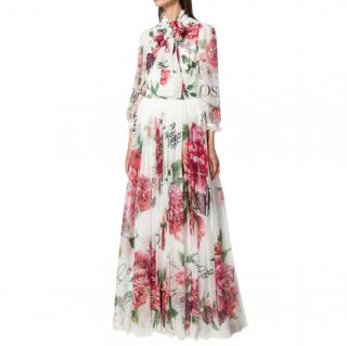 Dolce & Gabbana White Peony Print Chiffon Gown