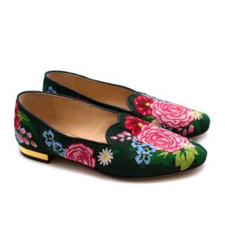 Charlotte Olympia Green & Pink Floral Embroidered Loafers - Size 34