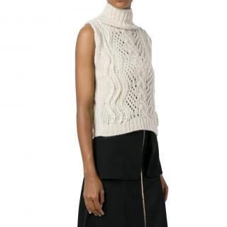Ermanno Scervino Beige Cable Knit Roll Neck Sleeveless Top